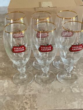 Stella Artois Gold Rim Chalice Glasses - Set of 6